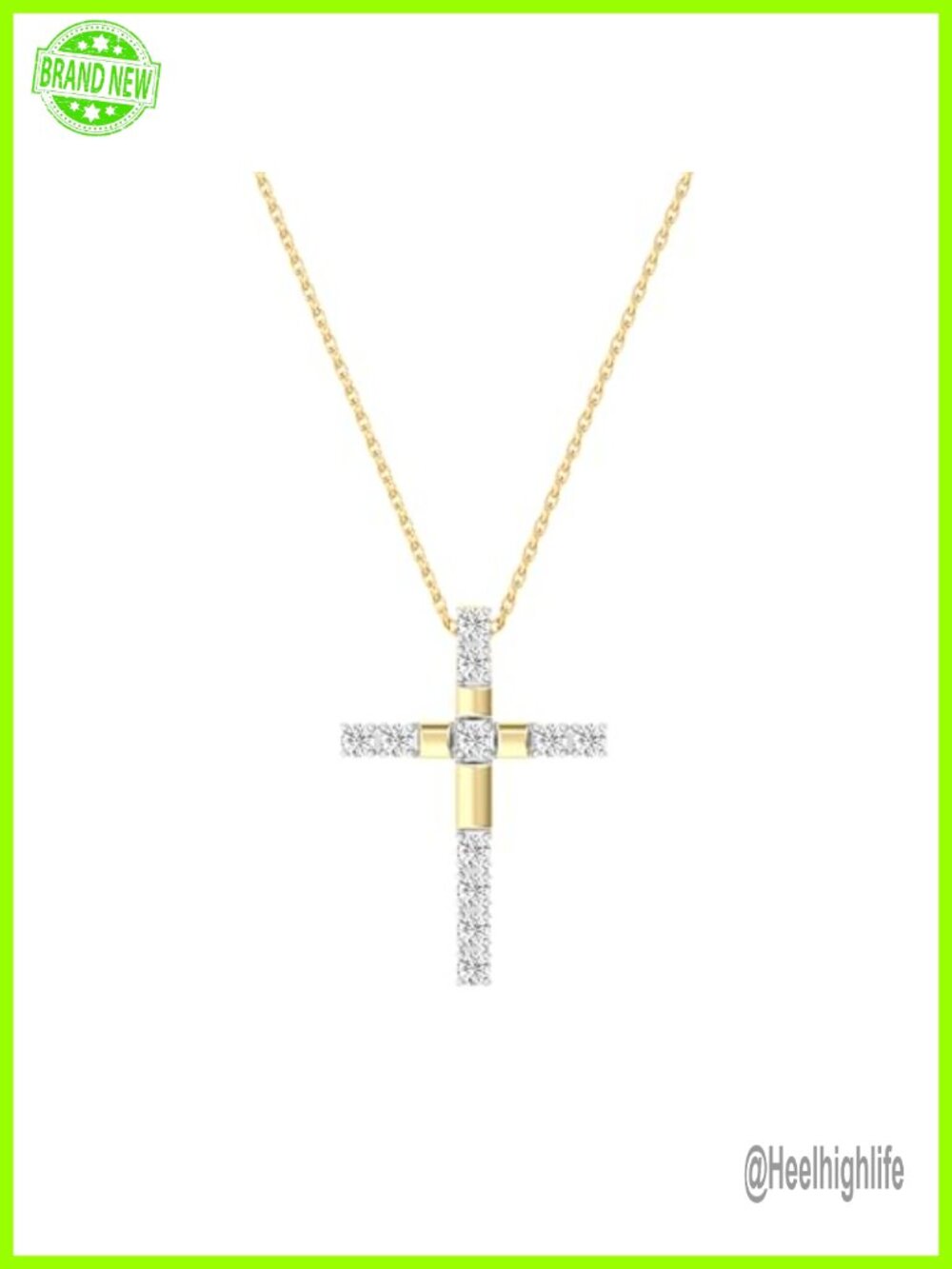 14KT Gold Plated Sterling Silver Diamond Cross Pendant Necklace 18in
